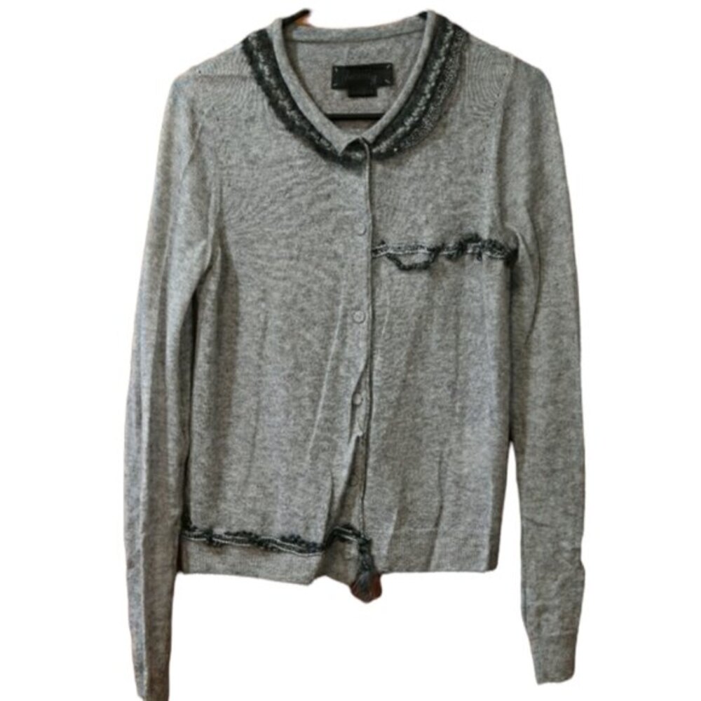 Haniiy Gray Cardigan Ruffle Wool Blend Sweater Scrap Wool LG